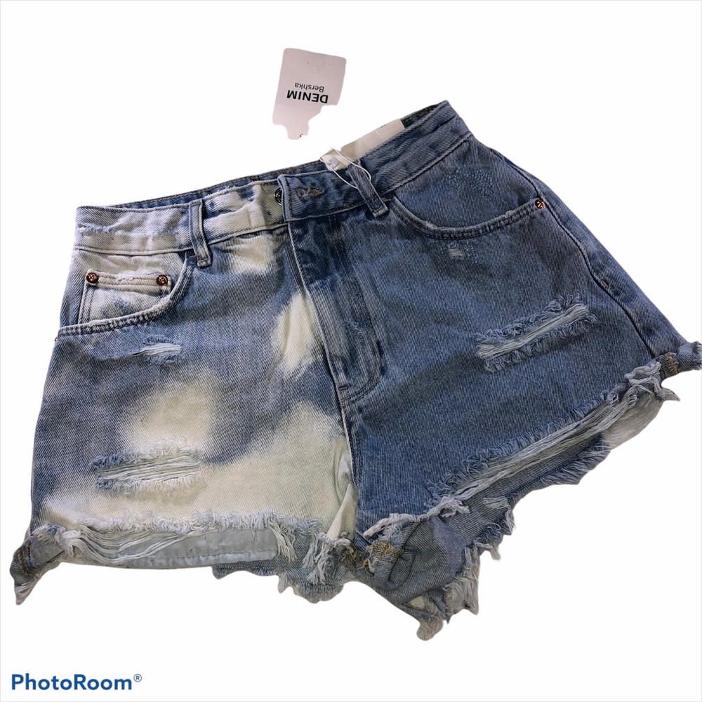 BERSHKA Distressed pieced cutoff denim short 4 New
